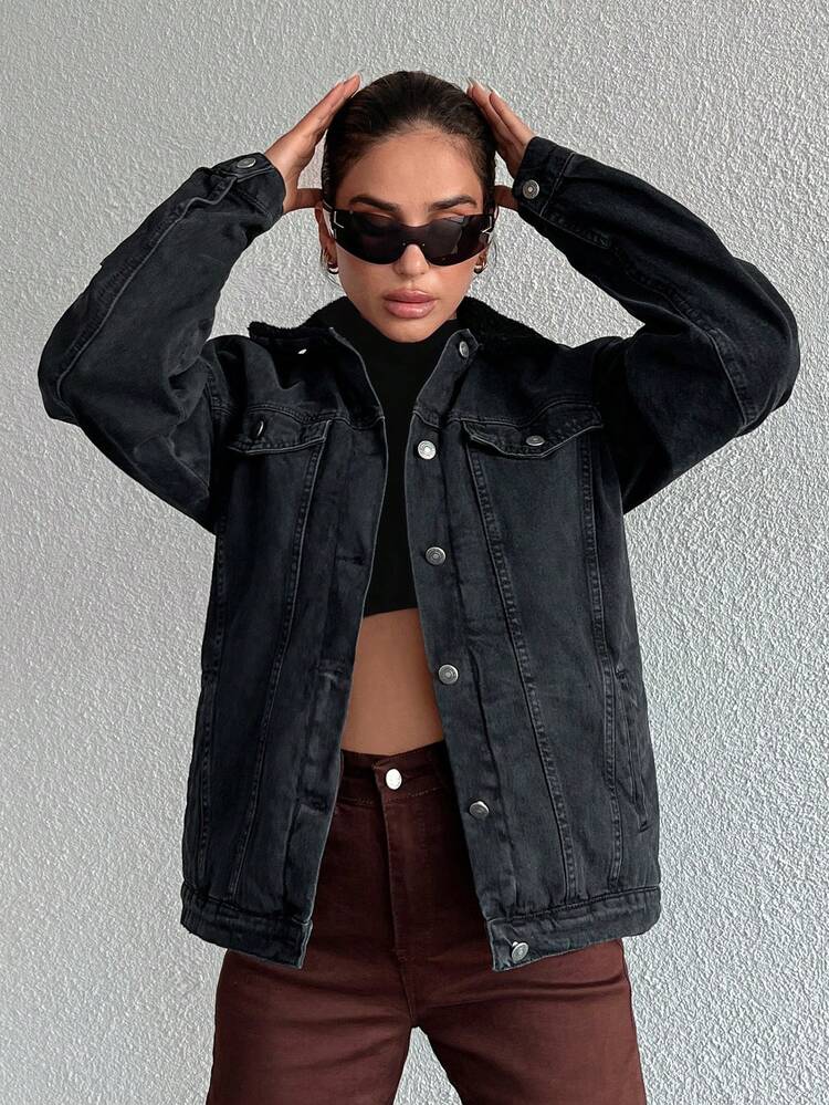 EURMUSE Flap Detail Drop Shoulder Denim Jacket - Dark Grey - View 4