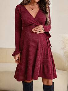 SHEIN Thai sản Tay áo loe Nút ven Xù Hoa Sen Váy quấn - Màu Đỏ Sâu - Xem 3