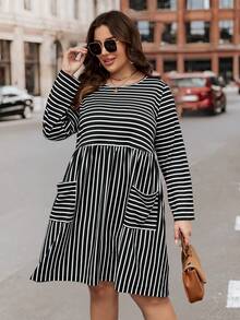 SHEIN LUNE Plus Striped Print Pocket Patched Dress - Black and White - View 4