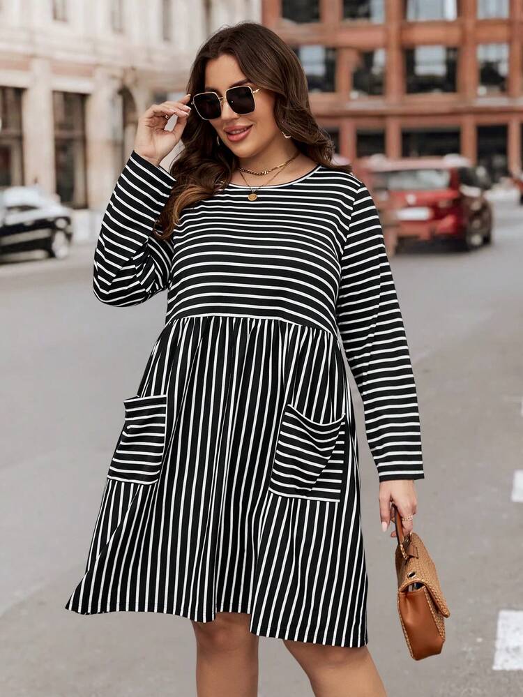 SHEIN LUNE 大碼條紋印花口袋貼布洋裝 - 黑與白 - 查看 4