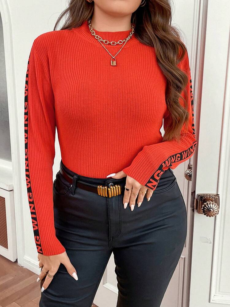 Plus Letter Pattern Mock Neck Sweater Knit Pullover Fall Winter Sweater