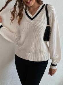 SHEIN Frenchy 休閒條紋女士毛衣 - 白色 - 查看 4