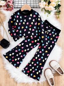 SHEIN Young Girl Heart Print Tee & Flare Leg Pants - Black - View 1