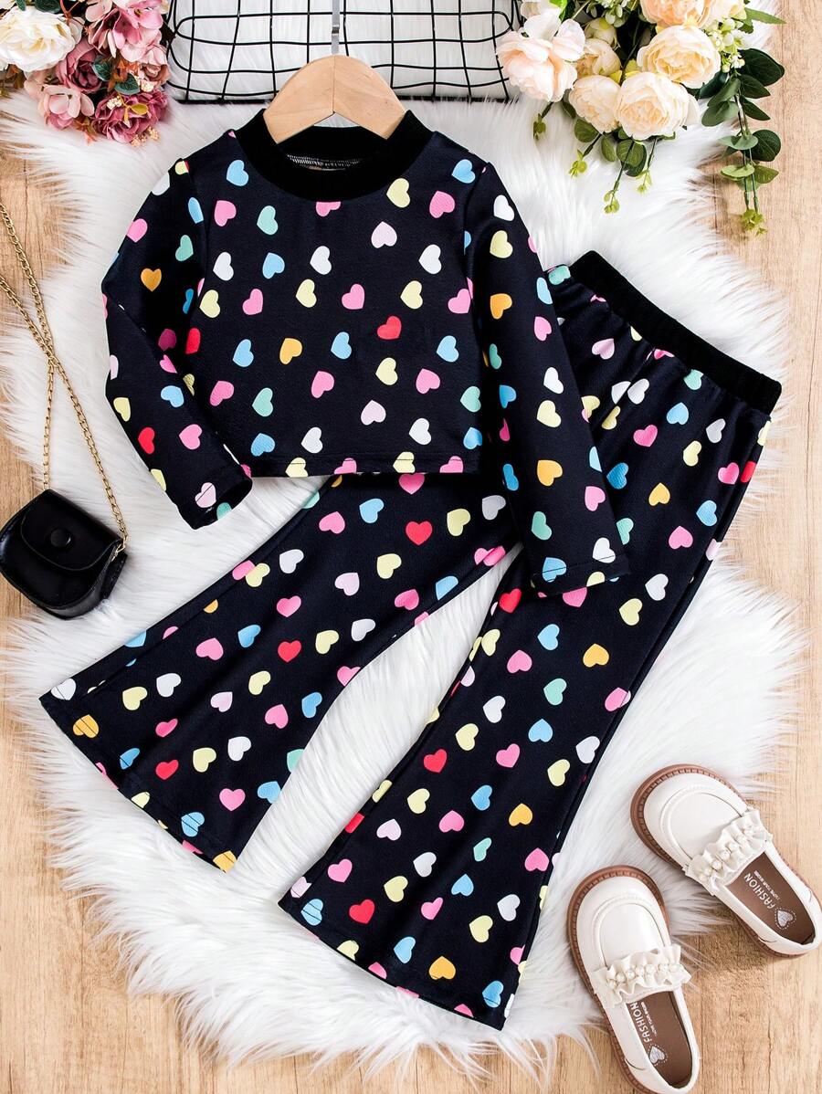 SHEIN Young Girl Heart Print Tee & Flare Leg Pants - Black - View 1