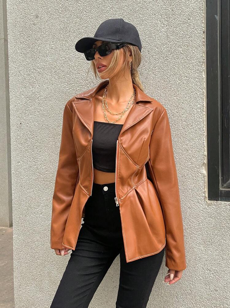 GENKIRA Cazadora con cremallera peplum PU - Champán - Añade 5