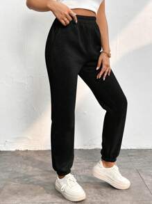 SHEIN PETITE Solid Slant Pocket Sweatpants - Black - View 5