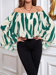 SHEIN Privé Graphic Print Off Shoulder Blouse - Green - View 5