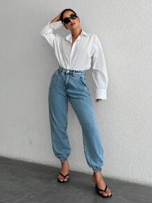 EURMUSE High Waist Jogger Jeans - Light Wash - View 3