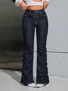 SHEIN ICON 高腰褶邊牛仔喇叭褲 - 藍色 - 查看 3