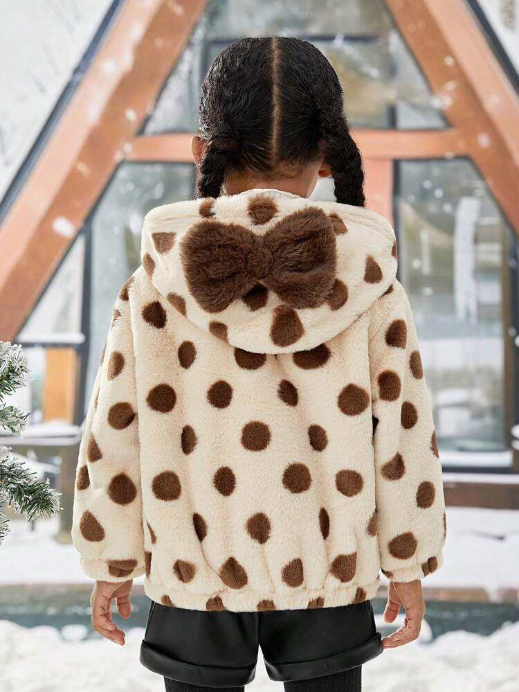 Young Girl Polka Dot Pattern Drop Shoulder 3D Ear Design Hooded Teddy Jacket