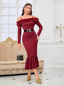 Modelyn 勃艮第红色毛绒边露肩美人鱼下摆闪光连衣裙 - 酒紅色 - 查看 3