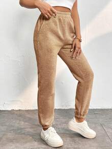 SHEIN PETITE Chất rắn Xiên Eo đàn hồi Túi Quần thể thao - Cà phê nâu - Xem 4