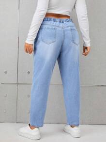 SHEIN Privé 大碼高腰破洞媽媽牛仔褲 - 藍色 - 查看 2