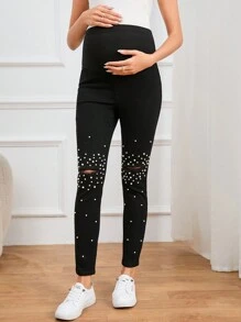 SHEIN Maternity Pearls Beaded Ripped Skinny Jeans - Black - View 5