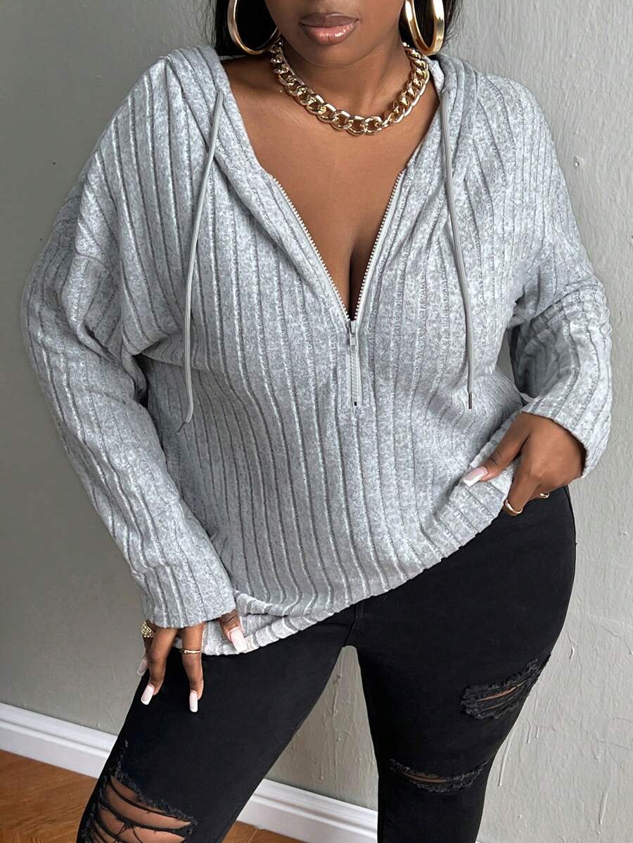 Slaydiva 2024 New Thanksgiving Women Clothes , Women Solid Color Drop Shoulder Long Sleeve Zip Half Placket Casual Hooded Tee - Grey - View 1