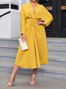 SHEIN Privé Plus Batwing Sleeve Ruched Front Dress - Yellow - View 3