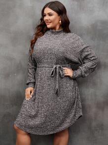 SHEIN LUNE Plus Mock Neck Drop Shoulder Belted Dress - Dark Grey - View 1