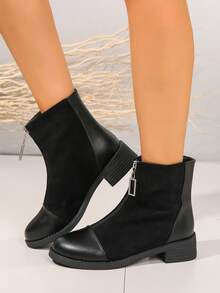 女士們時尚方頭拉鍊高跟鞋薄靴子帶拼貼設計 - 黑色 - 查看 1