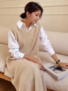 DAZY Split Hem Sleeveless Sweater Dress Without Blouse,Fall Clothes - Khaki - View 5