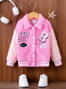SHEIN Cô Gái Trẻ Thêu Khẩu hiệu Sọc trang trí Áo Teddy Jackets - Hồng - Xem 3