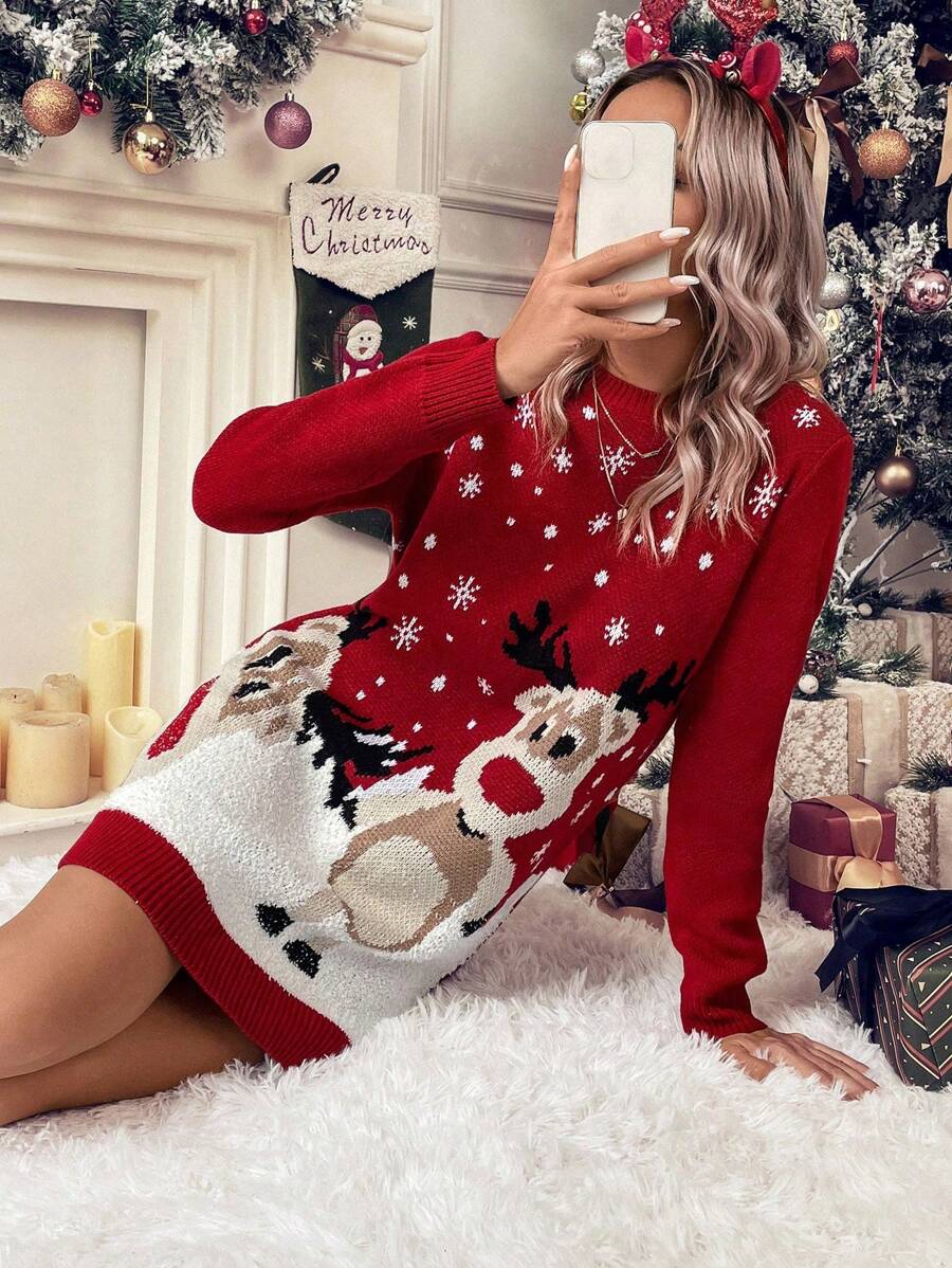 SHEIN LUNE Christmas Elk & Snowflake Pattern Sweater Dress - Multicolor - View 1