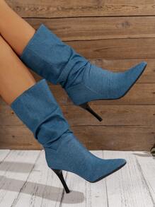 Wide Calf Western Cowboy Blue Boots - Blue - View 4