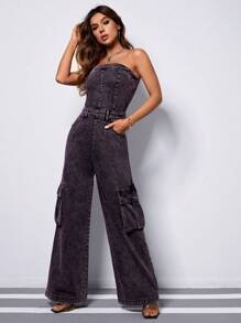 SHEIN EZwear Flap Pocket Side Denim Tube Jumpsuit - Dark Wash - View 3