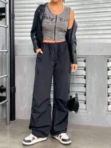 SHEIN EZwear 字母圖案拉鏈開襟短款背心 - 灰色 - 查看 4