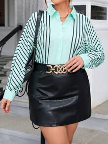 SHEIN Essnce Hơn In sọc Nút phía trước Áo sơ mi - Màu xanh lam - Xem 1