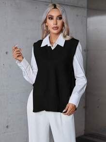 SHEIN Privé Split Knot Side Sweater Vest Without Blouse, Fall And Winter, Casual, Blackand, White - Black - View 6