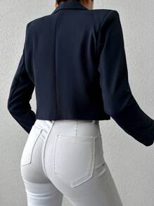 EURMUSE Solid Color Long Sleeve Two-Button Short Casual Suit Jacket - Navy Blue - View 2