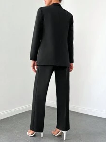 EURMUSE Solid Single Button Blazer & Pants - Black - View 2