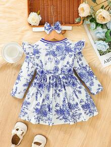 SHEIN 女嬰花和字母圖案荷葉邊洋裝和頭巾 - 藍色 - 查看 2