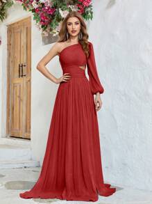 One Shoulder Cut Out Waist Ruched Chiffon Formal Dress - Red - View 1