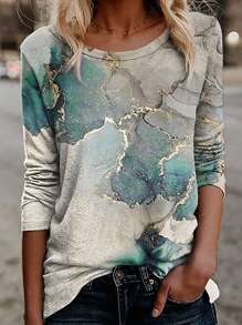 Women Fashion Casual Random Marble Print T-Shirt - Mint Green - View 1
