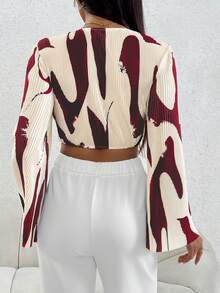 SHEIN PETITE 圖案印花前扭結短款襯衫 - 紅白色 - 查看 2