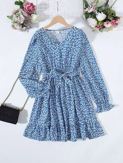SHEIN Leap Crew Teen Girl Ditsy Floral Print Ruffle Hem Belted Dress
