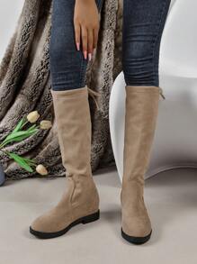 Women's Khaki Fashionable Slip-on Mid-calf Boots With Low Heels, Round Toe And Back Lace-up Design - Khaki - View 2