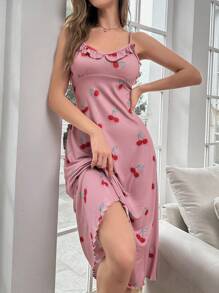 Cherry Print Ruffle Trim Cami Pajama Nightdress Long Dress - Pink - View 3