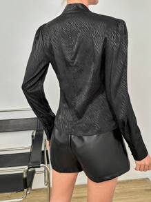 SHEIN Privé 交疊領泡泡袖襯衫 - 黑色 - 查看 2