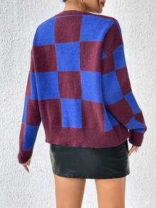 SHEIN Essnce Hoa văn kẻ sọc Thả vai Áo len Mở - Đỏ - Xem 2