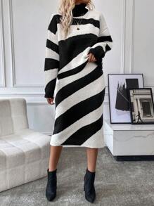 SHEIN Clasi 雙色高領落肩袖毛衣和針織裙 - 黑與白 - 查看 3