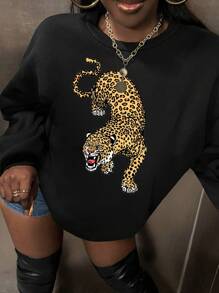 Slaydiva 女士宽松超大落肩虎纹豹纹卫衣 - 黑色 - 查看 5