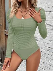 SHEIN Clasi Scoop Neck Gigot Sleeve Bodysuit - Green - View 5