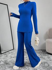 SHEIN Essnce 小高領下擺開叉T恤&喇叭褲 - 寶藍色 - 查看 4