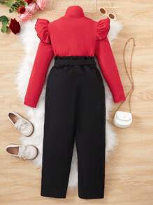 SHEIN Sparklyn 女大童荷葉邊高領T恤&紙袋腰腰帶長褲 - 紅色 - 查看 2