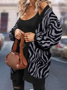 SHEIN LUNE 斑馬紋圖案燈籠袖開襟開衫 - 灰色 - 查看 4