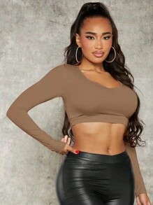 SHEIN SXY Chất rắn Áo phông Crop - Màu nâu  Mocha - Xem 6