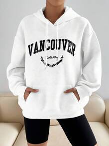 SHEIN Unity 女式休闲印花抽绳连帽长款运动衫 - 白色 - 查看 1