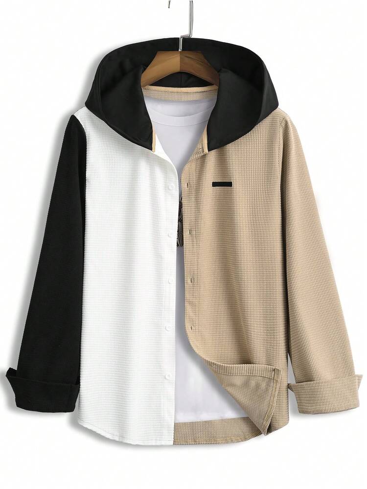 Men Colorblock Button Front Hooded Shacket